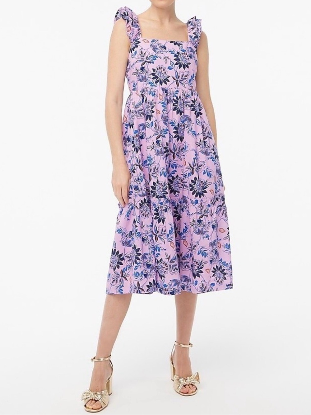 J. Crew Floral Ruffle Square Neck Smocked Midi Dress